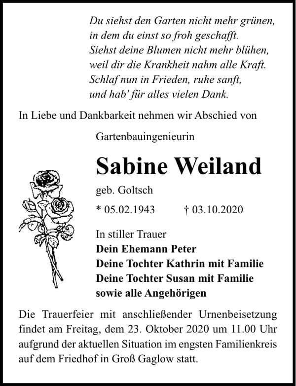 Traueranzeige Sabine Weiland, geb. Goltsch