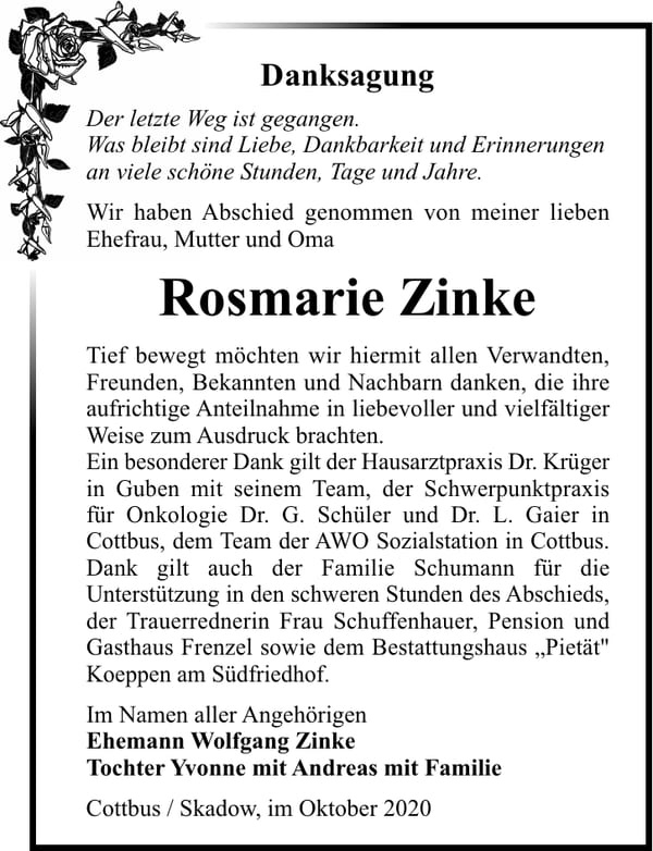Danksagung Rosmarie Zinke