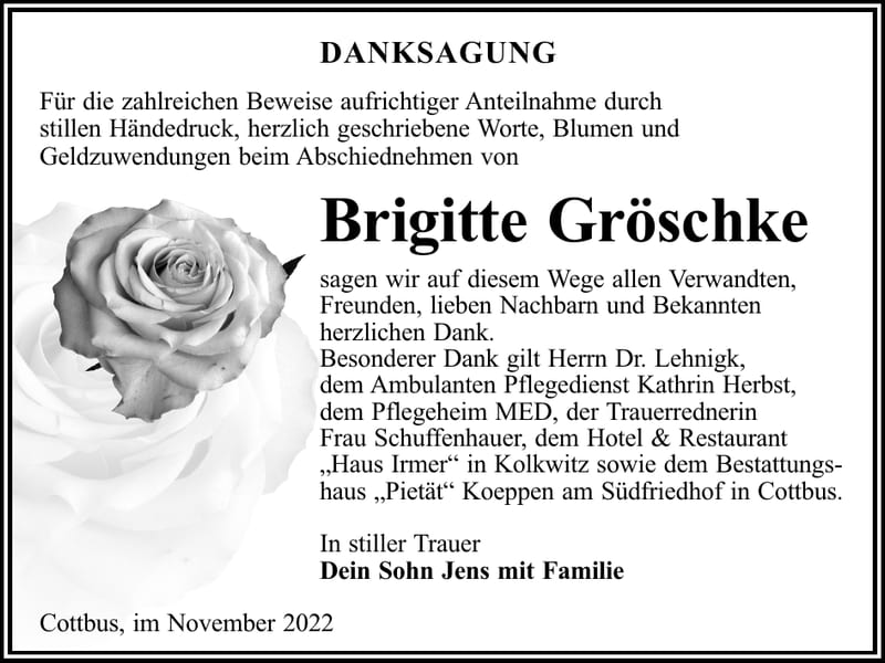 Danksagung Brigitte Gröschke