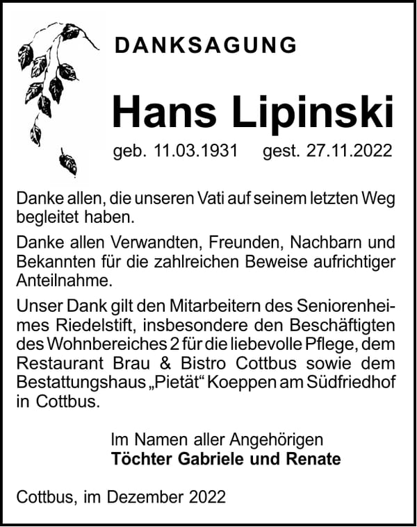 Danksagung Hans Lipinski