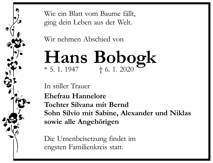 Traueranzeige Hans Bobogk