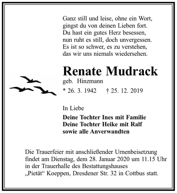 Traueranzeige Renate Mudrack, geb. Hinzmann
