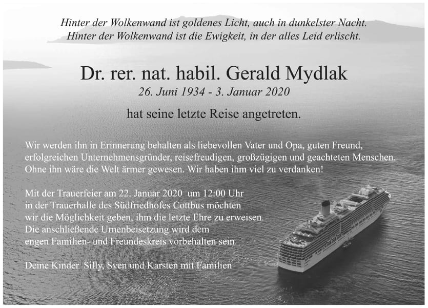 Traueranzeige Dr. rer. nat. habil. Gerald Mydlak