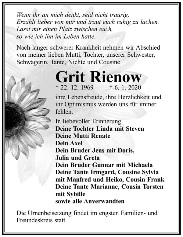 Traueranzeige Grit Rienow