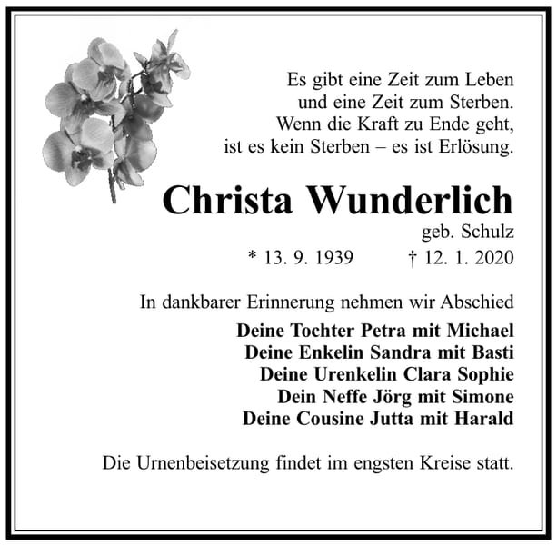 Traueranzeige Christa Wunderlich, geb. Schulz