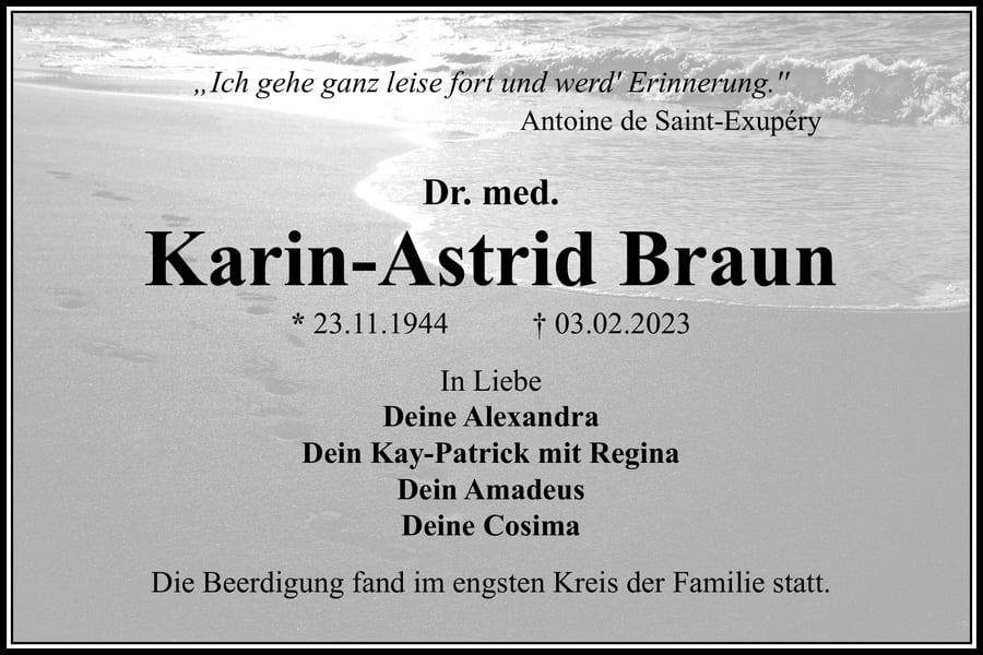 Traueranzeige Dr. med. Karin-Astrid Braun