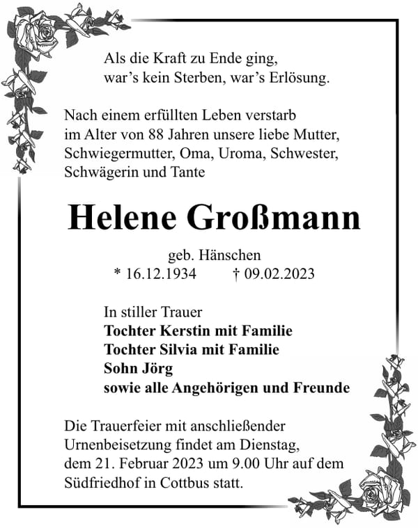 Traueranzeige Helene Großmann, geb. Hänschen