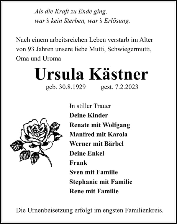 Traueranzeige Ursula Kästner