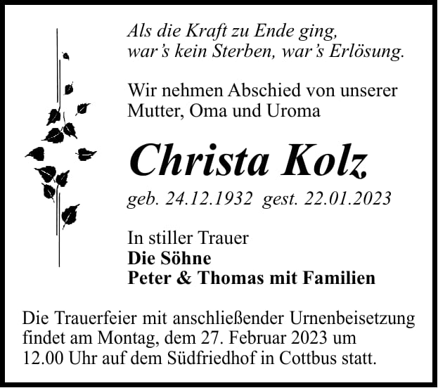 Traueranzeige Christa Kolz