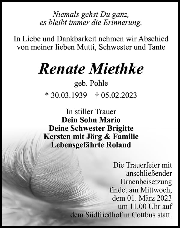 Traueranzeige Renate Miethke, geb. Pohle