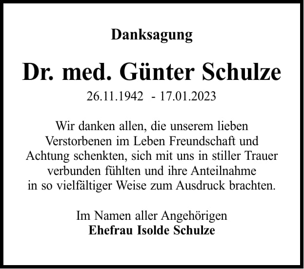 Danksagung Dr. med. Günter Schulze