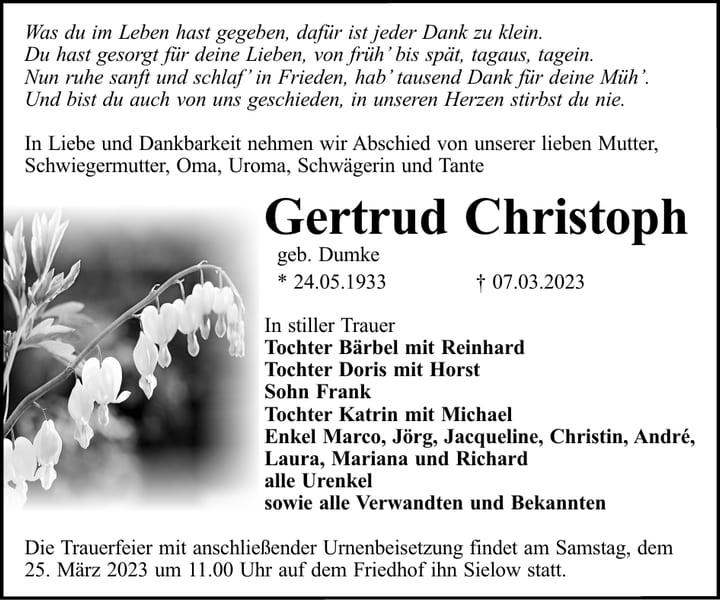 Traueranzeige Gertrud Christoph, geb. Dumke