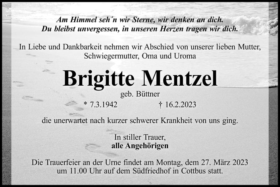 Traueranzeige Brigitte Mentzel, geb. Büttner