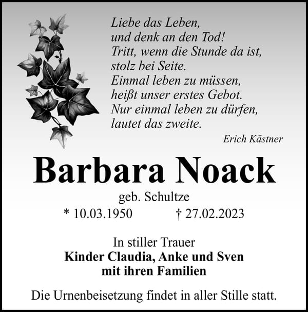 Traueranzeige Barbara Noack, geb. Schultze