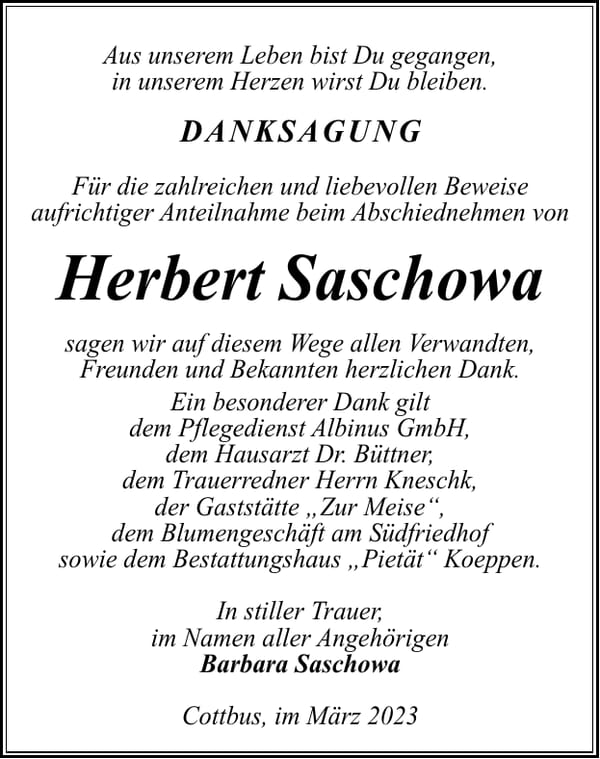 Danksagung Herbert Saschowa