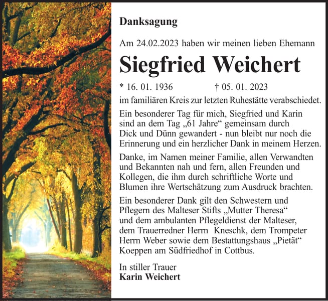 Traueranzeige Siegfried Weichert