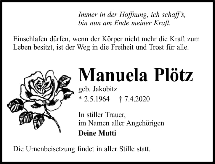 Traueranzeige Manuela Plötz, geb. Jakobitz