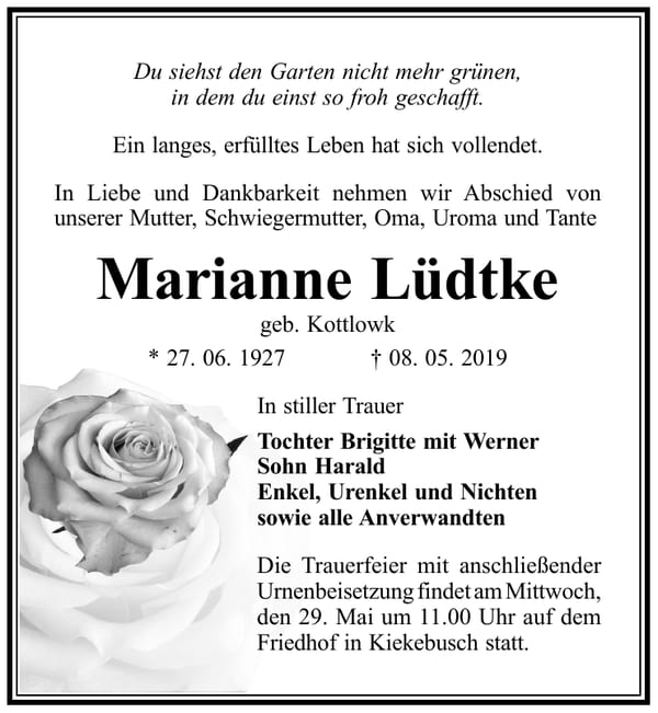 Traueranzeige Marianne Lüdtke, geb. Kottlowk