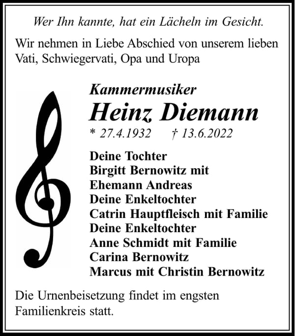 Traueranzeige Heinz Diemann