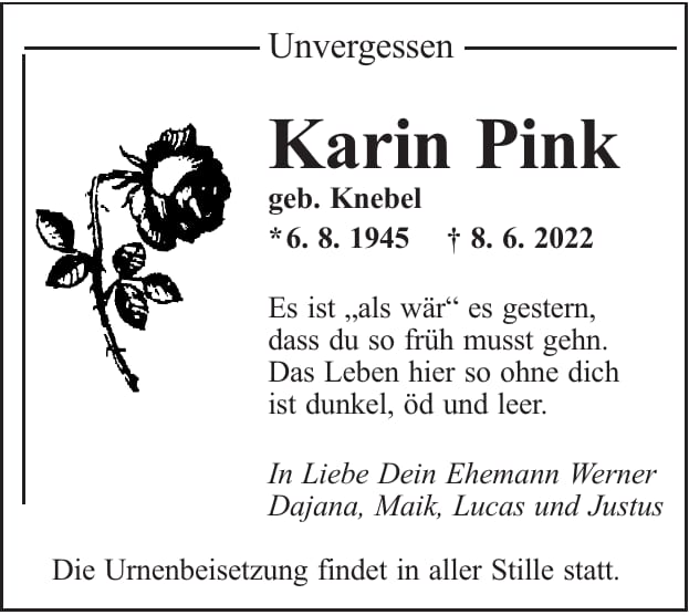 Traueranzeige Karin Pink, geb. Knebel