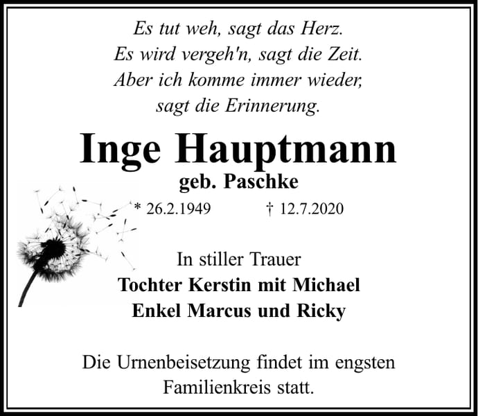 Traueranzeige Inge Hauptmann, geb. Paschke