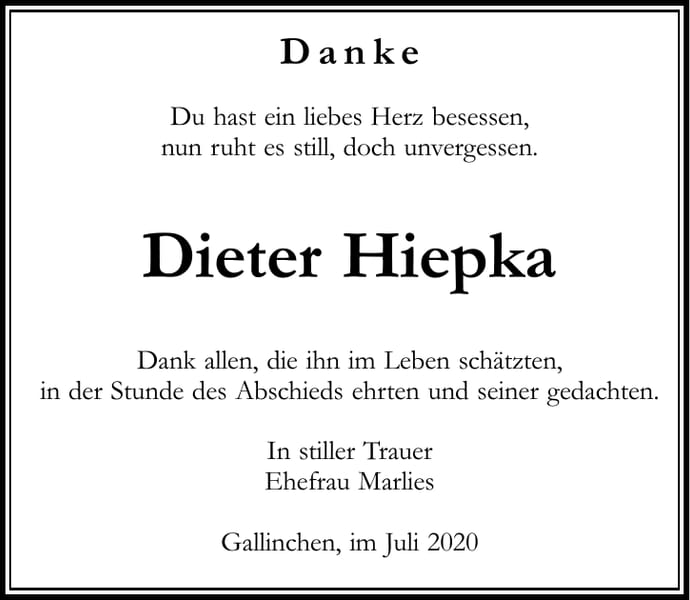 Danksagung Dieter Hiepka