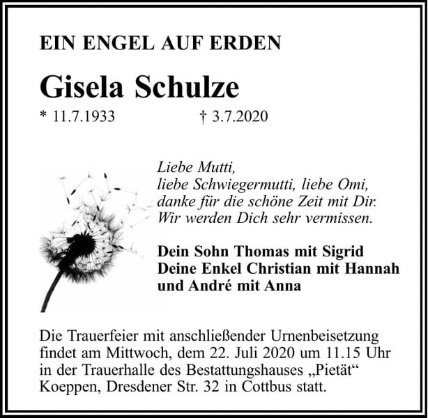 Traueranzeige Gisela Schulze