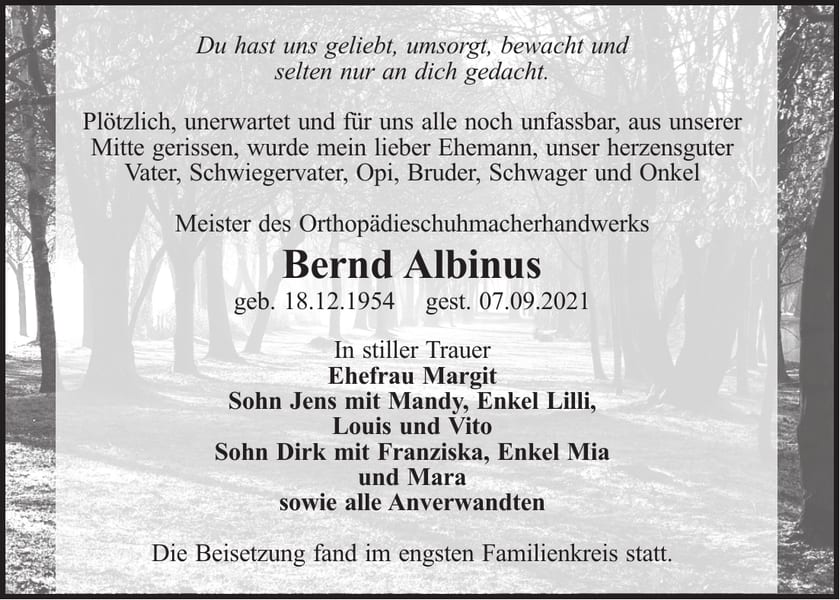 Traueranzeige Bernd Albinus