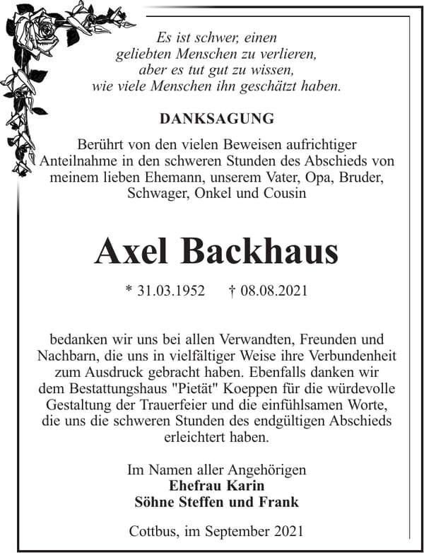 Traueranzeige Axel Backhaus