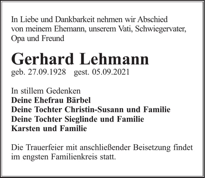 Traueranzeige Gerhard Lehmann