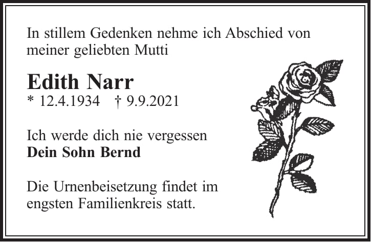 Traueranzeige Edith Narr