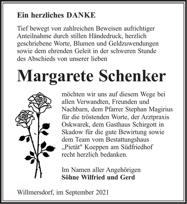 Danksagung Margarete Schenker