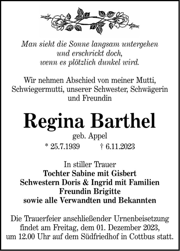 Traueranzeige Regina Barthel, geb. Appel
