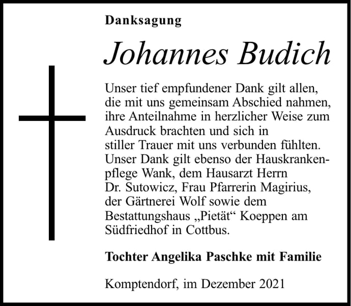 Traueranzeige Johannes Budich