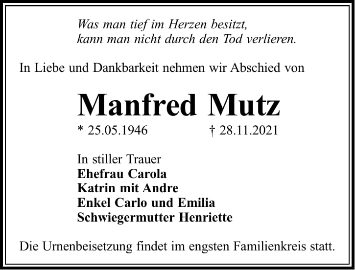 Traueranzeige Manfred Mutz