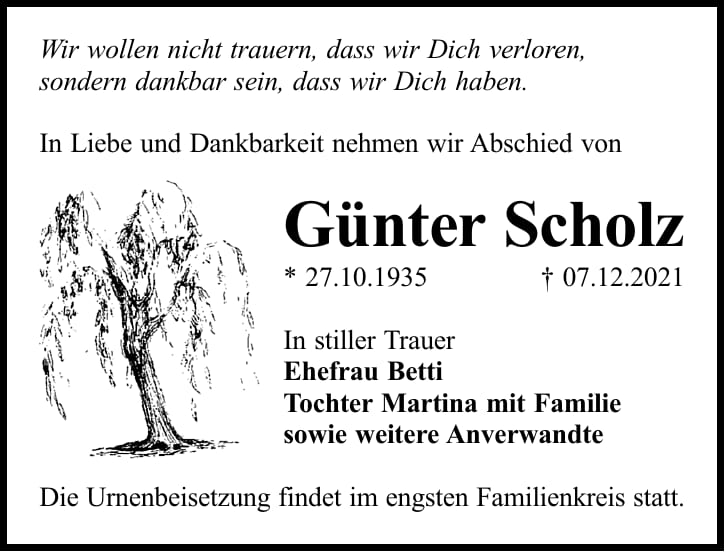 Traueranzeige Günter Scholz