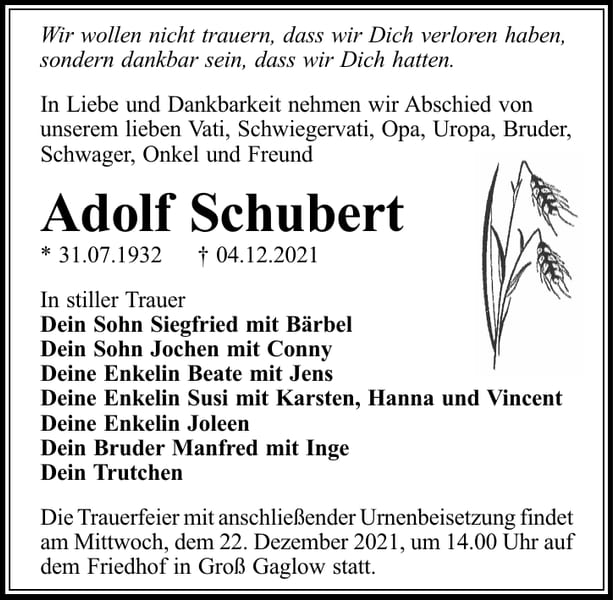 Traueranzeige Adolf Schubert