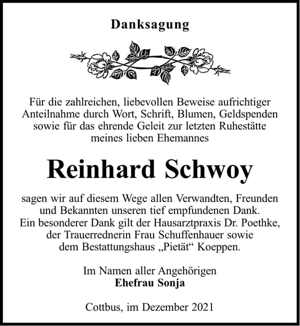 Danksagung Reinhard Schwoy