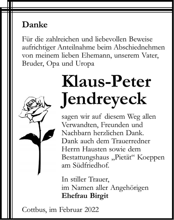Danksagung Klaus-Peter Jendreyeck