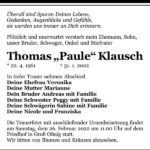 Traueranzeige Thomas „Paule“ Klausch