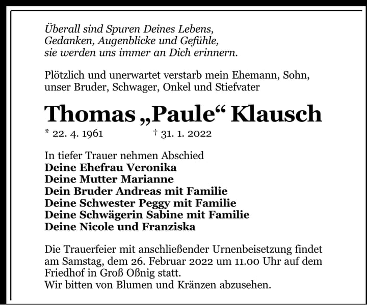 Traueranzeige Thomas „Paule“ Klausch