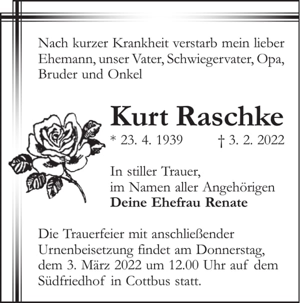 Traueranzeige Kurt Raschke