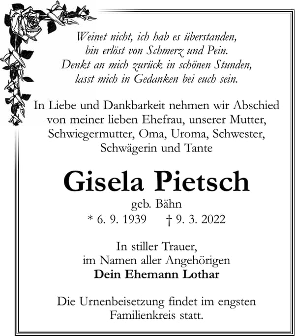 Traueranzeige Gisela Pietsch, geb. Bähn