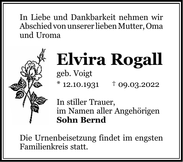Traueranzeige Elvira Rogall, geb. Voigt