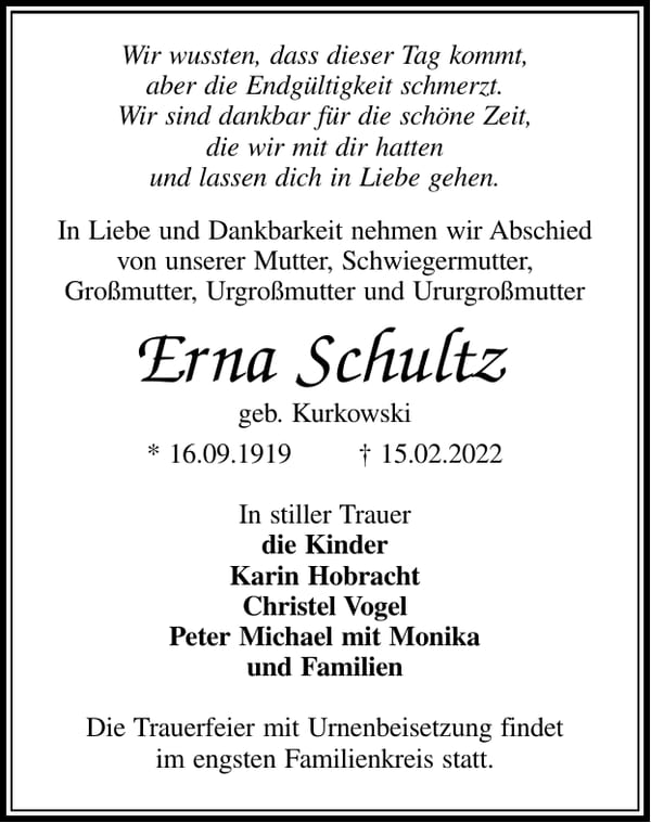 Traueranzeige Erna Schultz, geb. Kurkowski