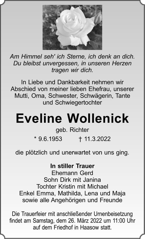 Traueranzeige Eveline Wollenick, geb. Richter