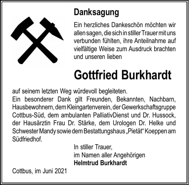 Danksagung Gottfried Burkhardt