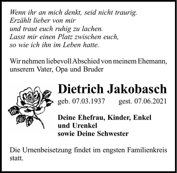 Traueranzeige Dietrich Jakobasch