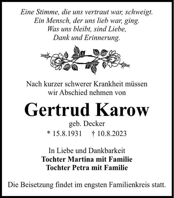 Traueranzeige Gertrud Karow, geb. Decker