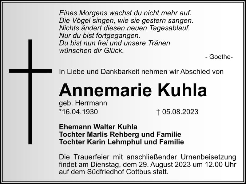 Traueranzeige Annemarie Kuhla, geb. Herrmann